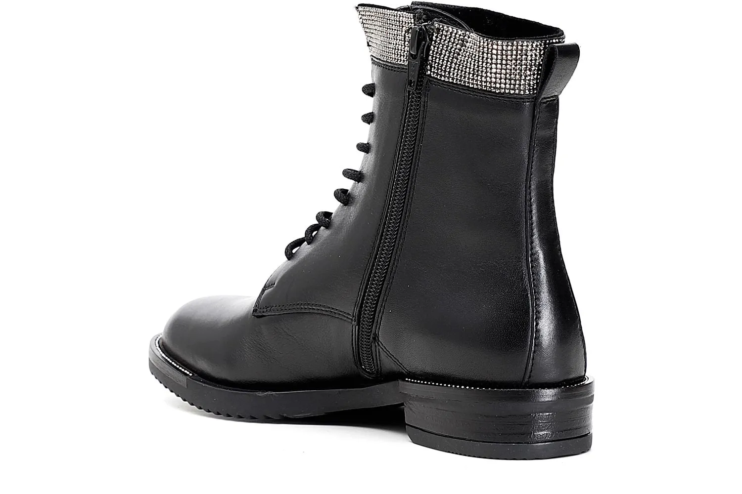 bottines à lacets en cuir avec bordure décorative en strass - CafèNoir