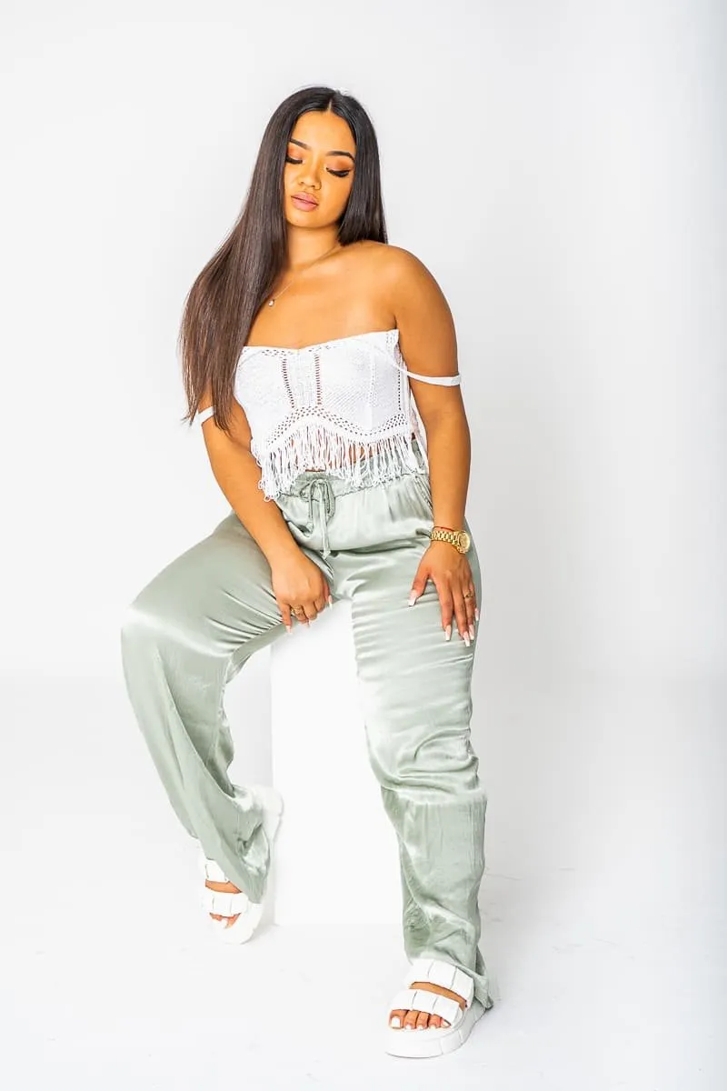 Crop top débardeur maille franges blanc