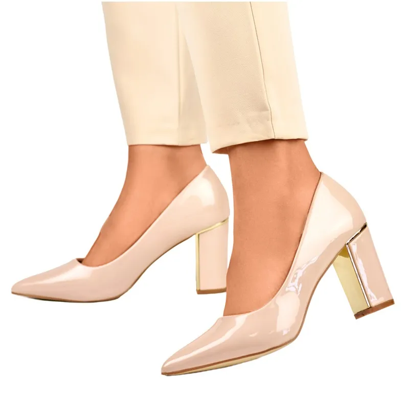 Escarpins en cuir verni brillant pour femmes avec un talon haut confortable beige