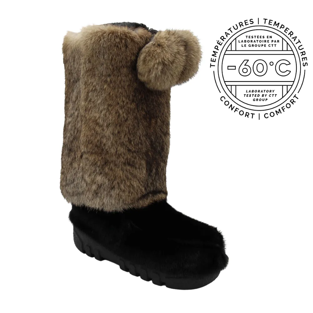 Fourrures Grenier | Botte hiver femme mode en loup-marin noir et lapin beige