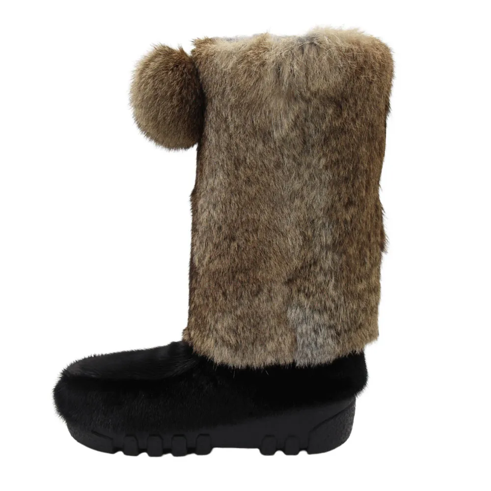 Fourrures Grenier | Botte hiver femme mode en loup-marin noir et lapin beige