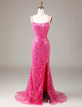 Fuchsia étincelante Robe longue sirène brodée et perlée avec fente