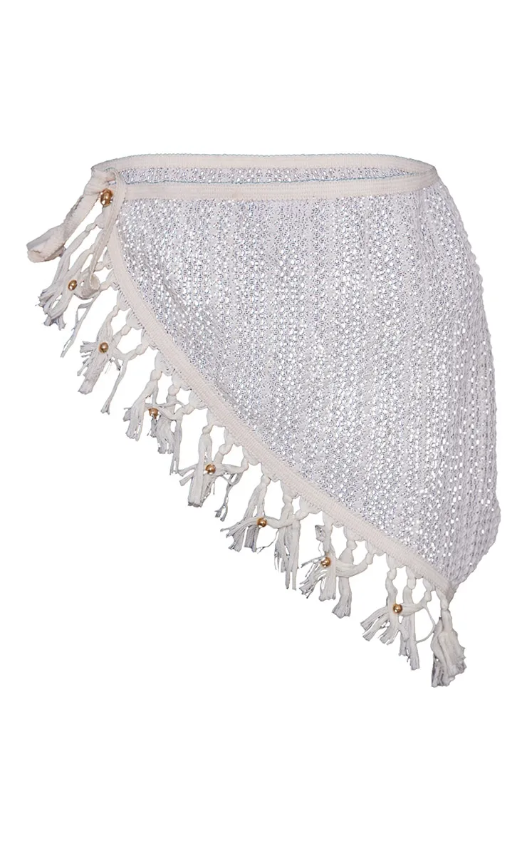 Jupe de plage en maille crochet crème à détail franges