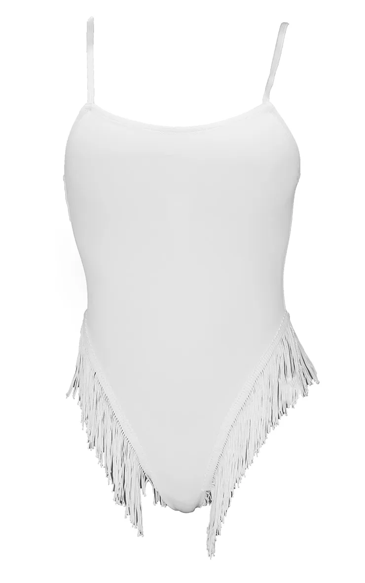 Maillot de bain blanc à col rond et franges