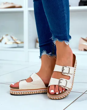 Mules à double lanières beige et grosse plateforme