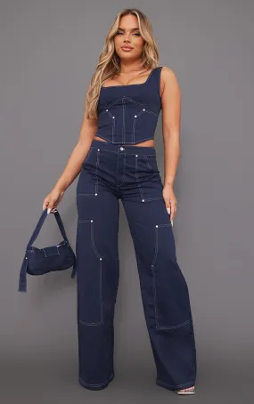 Pantalon cargo droit bleu marine en maille sergée à coutures contrastantes