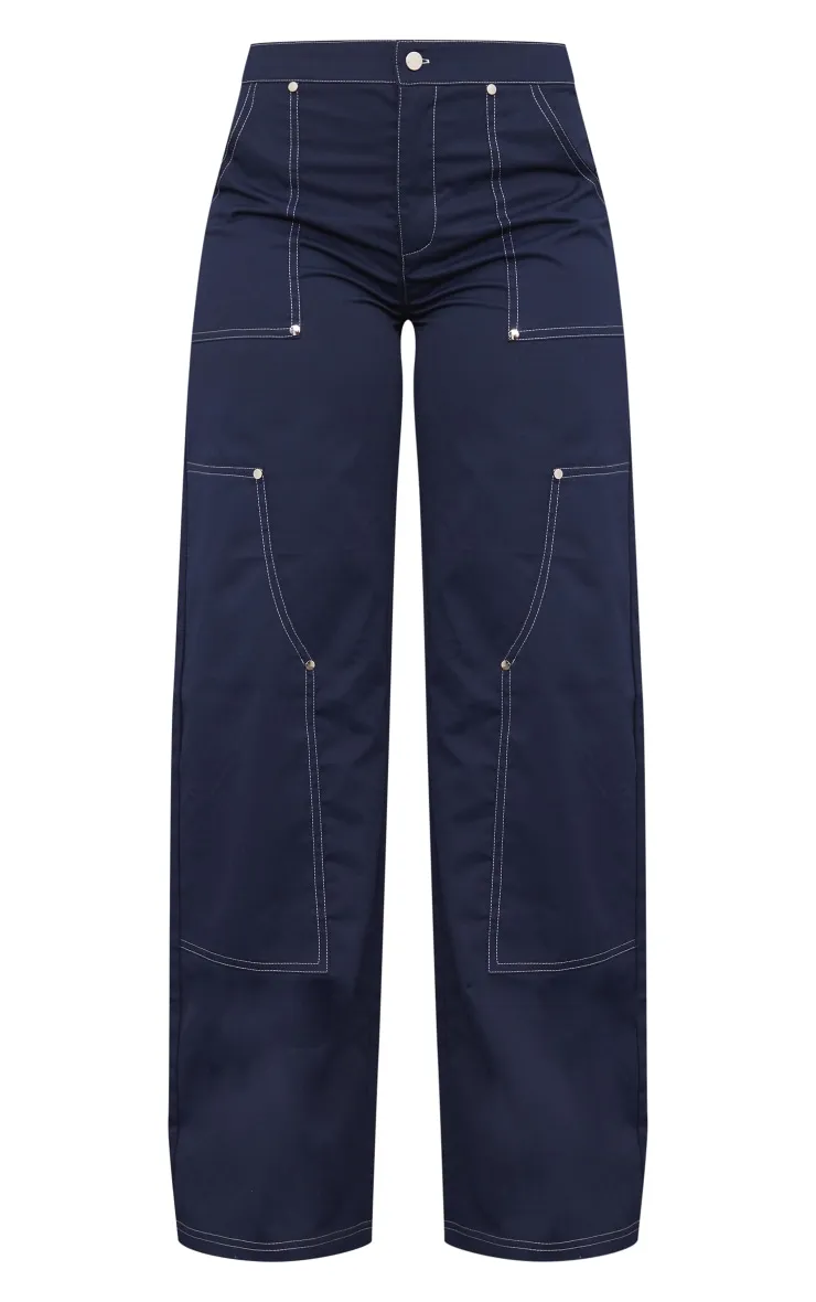 Pantalon cargo droit bleu marine en maille sergée à coutures contrastantes