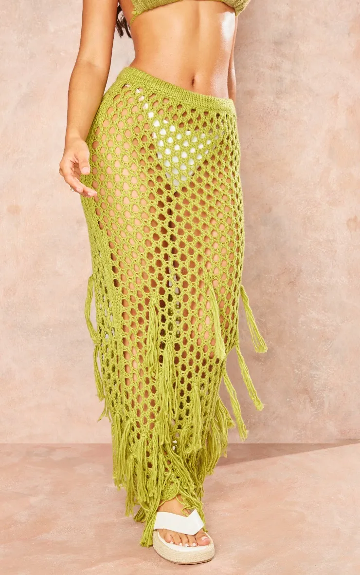 Petite Jupe longue en maille tricot vert citron à taille basse et franges