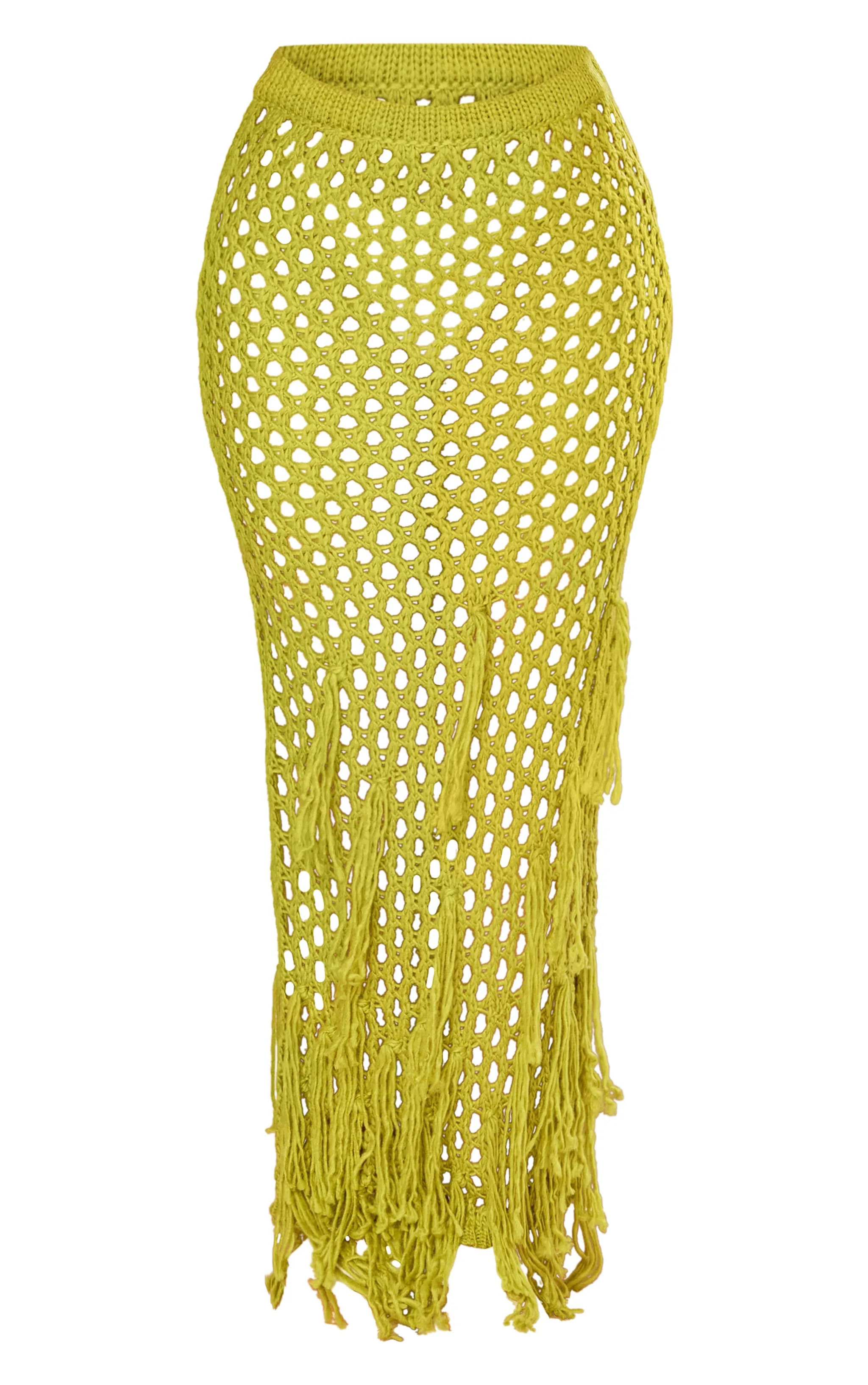 Petite Jupe longue en maille tricot vert citron à taille basse et franges