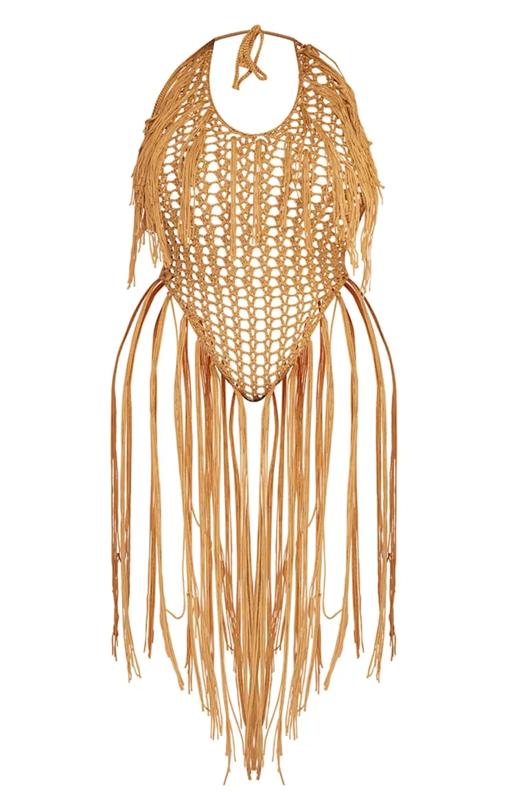 Plus Body de plage en maille tricot camel à franges