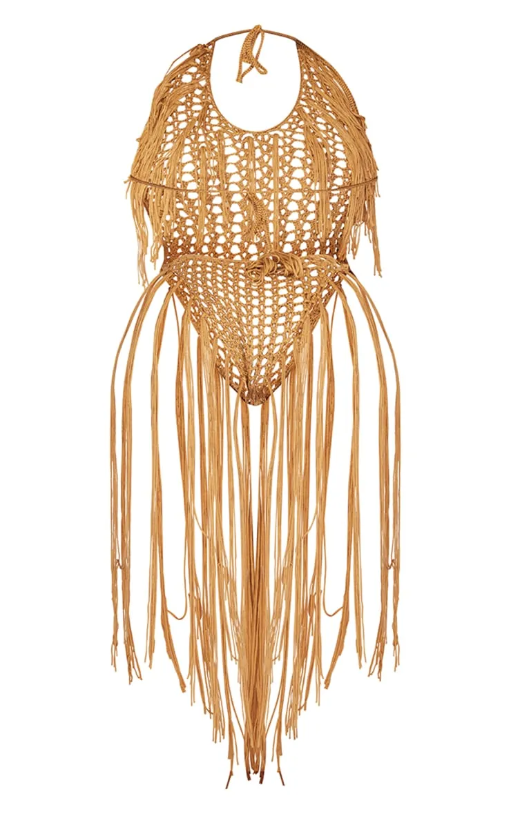 Plus Body de plage en maille tricot camel à franges