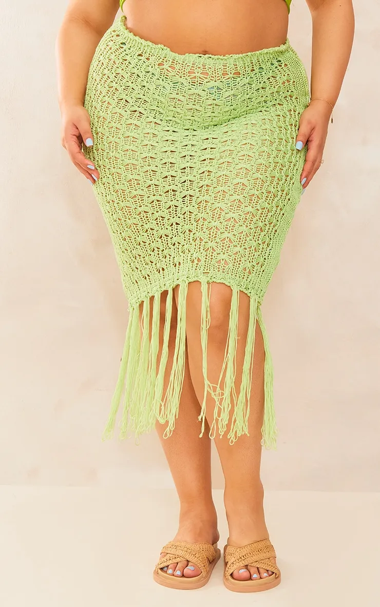 Plus Jupe longue en maille tricot vert citron à franges