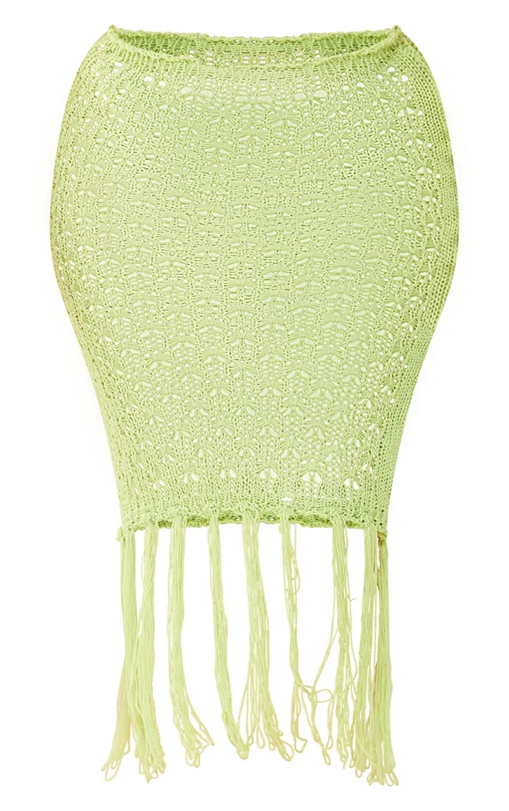 Plus Jupe longue en maille tricot vert citron à franges