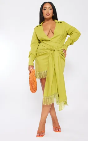 Plus Robe droite vert citron à détail franges et manches longues