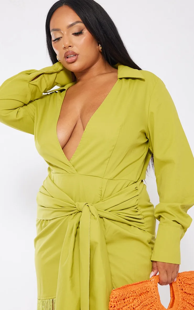 Plus Robe droite vert citron à détail franges et manches longues