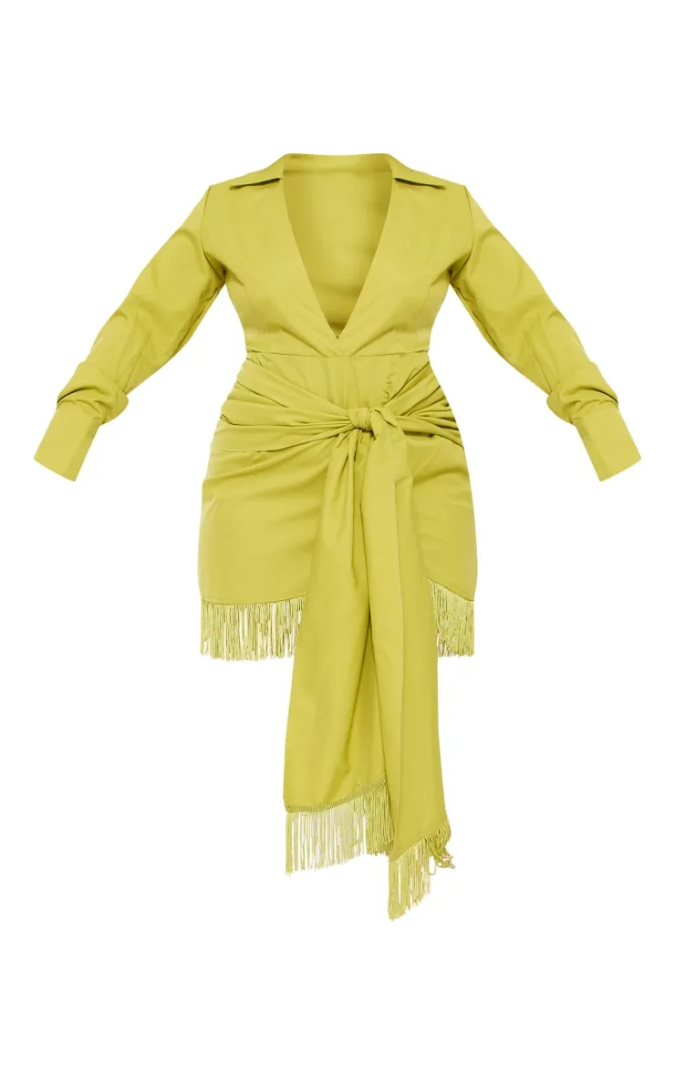 Plus Robe droite vert citron à détail franges et manches longues