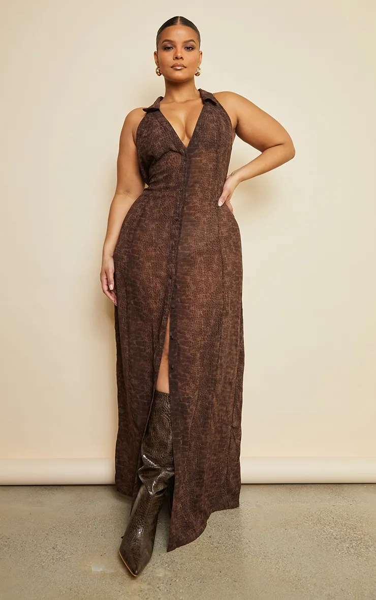 Plus Robe longue en mousseline de soie chocolat imprimé croco