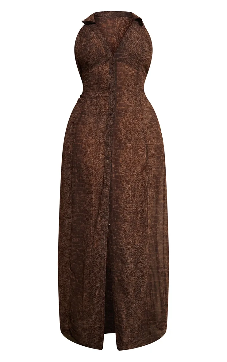 Plus Robe longue en mousseline de soie chocolat imprimé croco