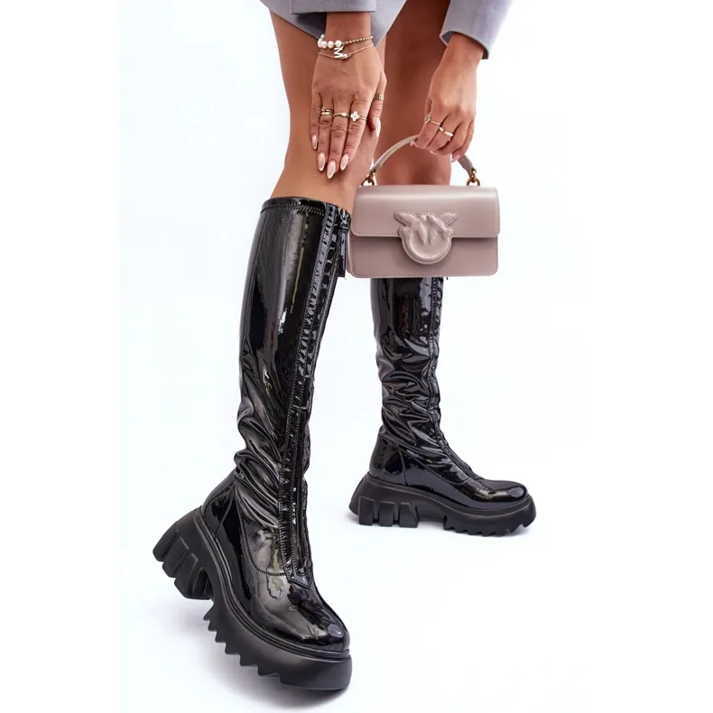 PS1 Bottines en cuir verni sur plateforme massive avec fermeture éclair, Black Ringo le noir