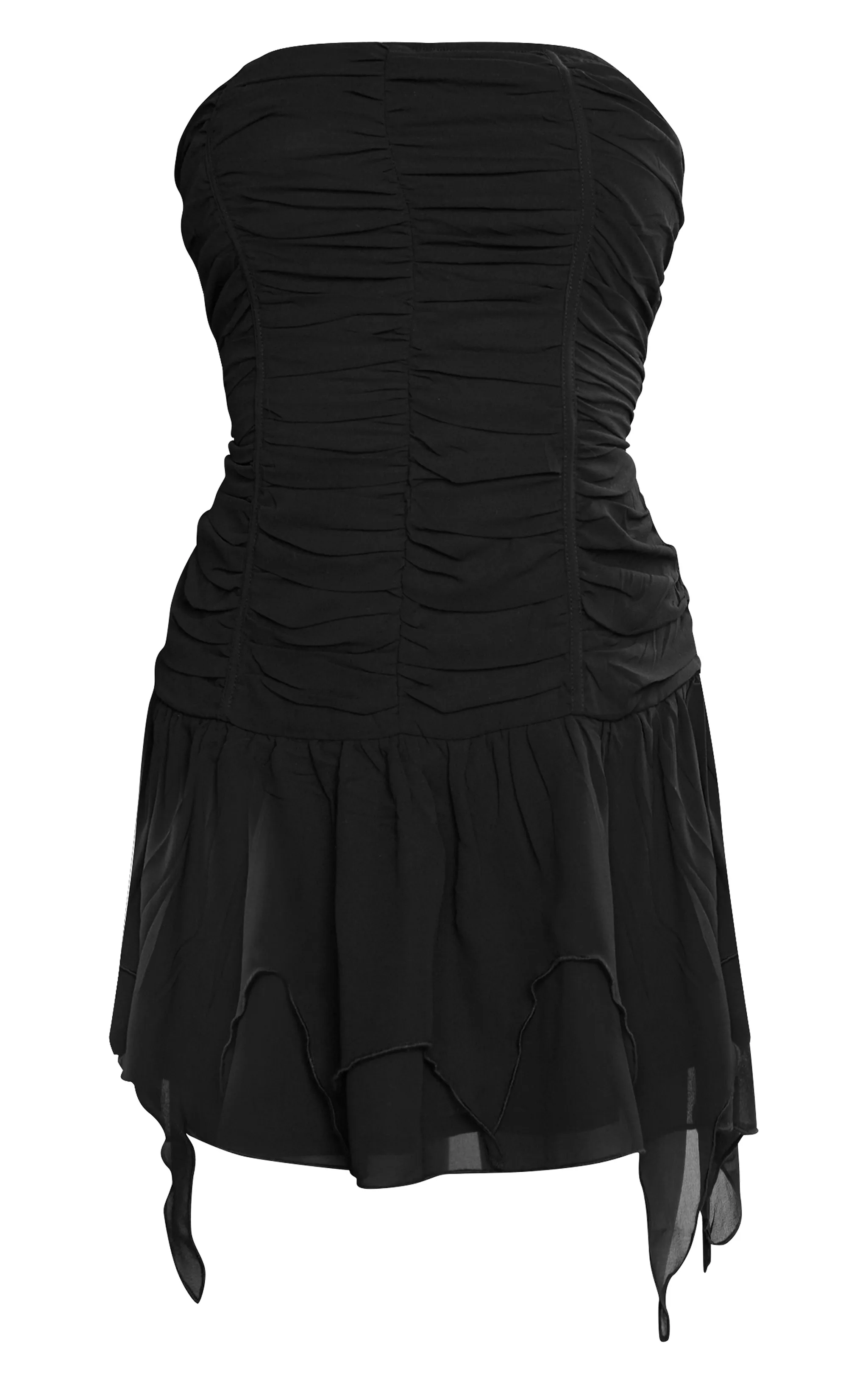 Robe bustier droite noire en mousseline de soie froncée