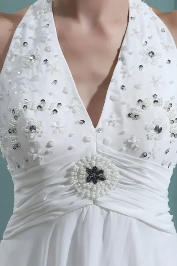 Robe cérémonie blanche halter orné de strass dos nu