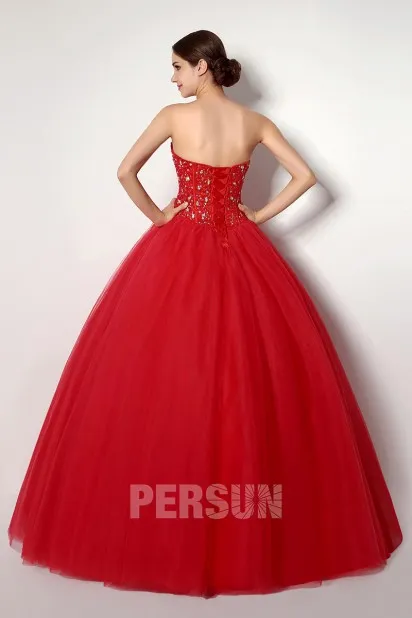 Robe cérémonie princesse rouge bustier coeur corsage ornée de bijoux - Robedesoireelongue.fr