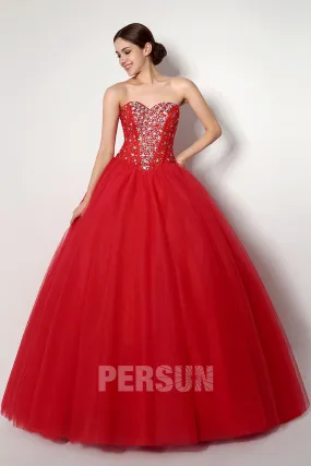 Robe cérémonie princesse rouge bustier coeur corsage ornée de bijoux - Robedesoireelongue.fr