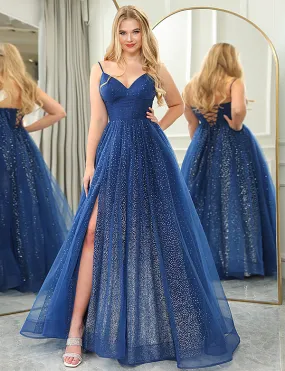 Robe de bal en tulle à col en V et à longues perles