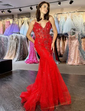 Robe de bal longue sirène rouge dos nu avec appliques