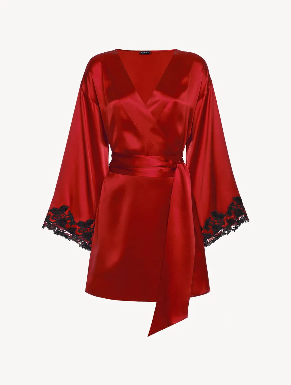 Robe de chambre courte en soie rouge avec broderie en guipure «frastaglio» noire x