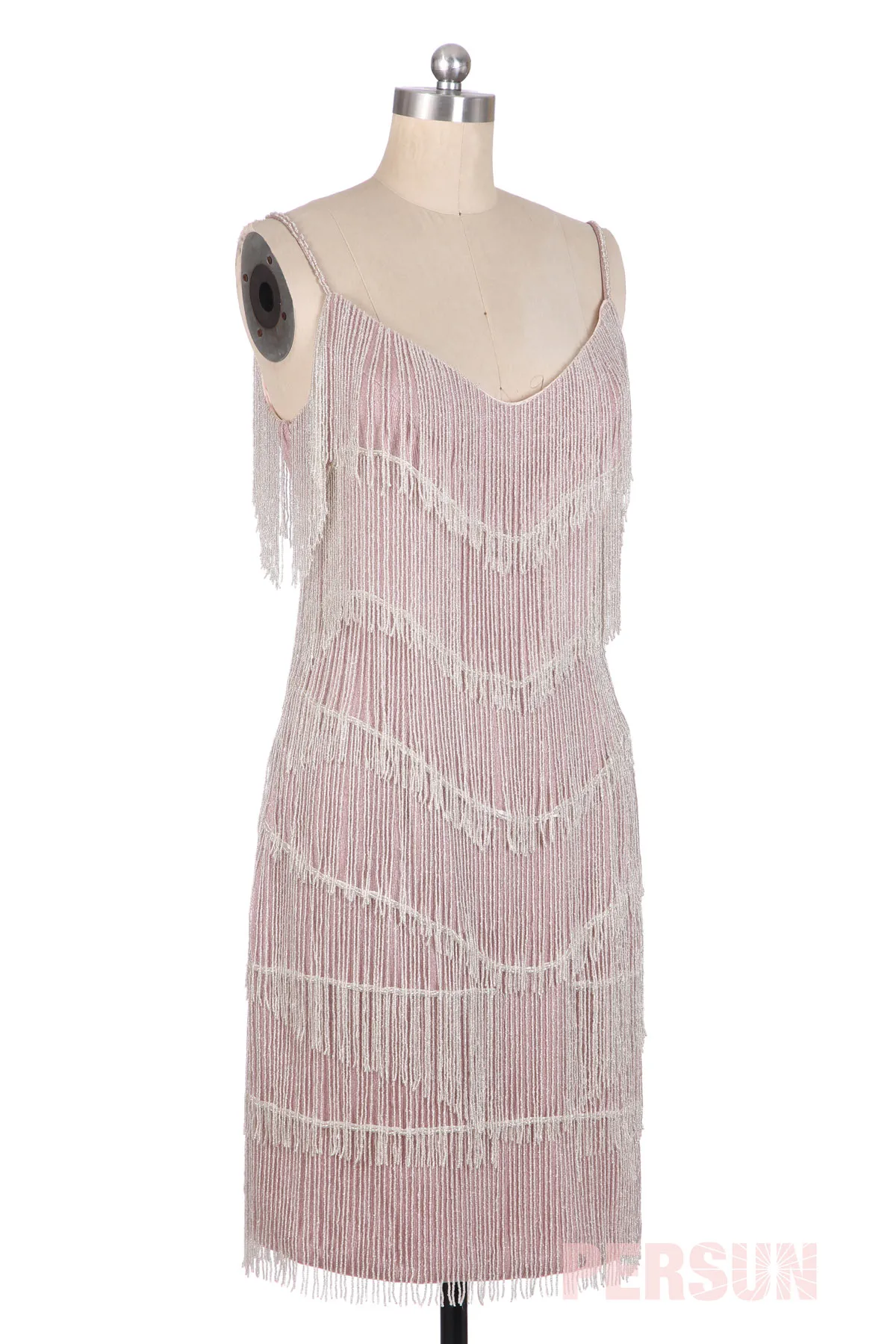 Robe de cocktail rétro à franges perlettes argenté esprit gatsby année 1920s