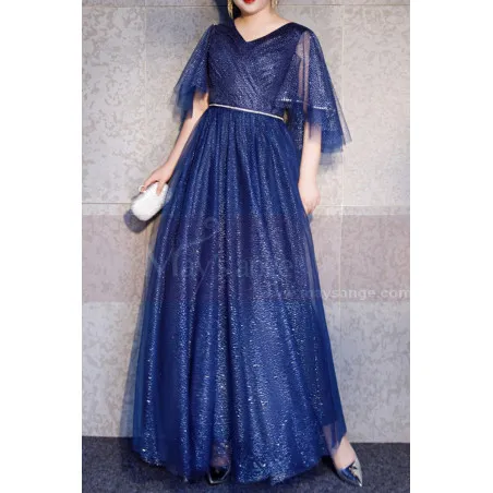 Robe De Cérémonie Femme Bleu Grande Taille Avec Manches Volantes