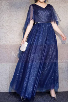 Robe De Cérémonie Femme Bleu Grande Taille Avec Manches Volantes