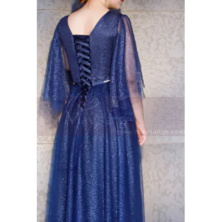 Robe De Cérémonie Femme Bleu Grande Taille Avec Manches Volantes