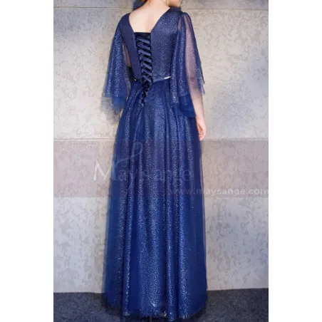 Robe De Cérémonie Femme Bleu Grande Taille Avec Manches Volantes