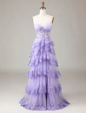 Robe de cérémonie longue en dentelle avec fente et corset, étincelante