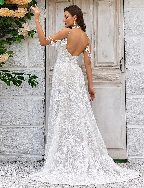 Robe de mariée sirène à bretelles spaghetti Ivoire avec franges dentelle