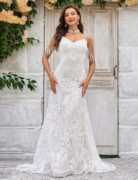 Robe de mariée sirène à bretelles spaghetti Ivoire avec franges dentelle