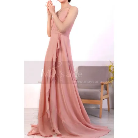 Robe De soirée Cérémonie Rose A Volant Avec Traine