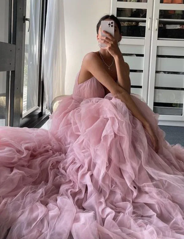 Robe de Soirée Dos Nu en Tulle Rose