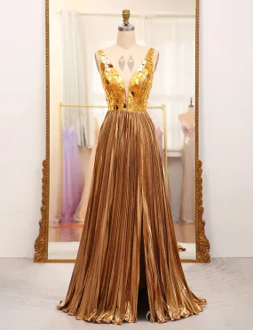 Robe de soirée longue et mirobolante en ligne A avec paillettes d'or