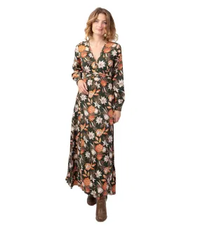 Robe longue fendue en viscose soyeux hiver CALISSA motif floral kaki Coton Du Monde