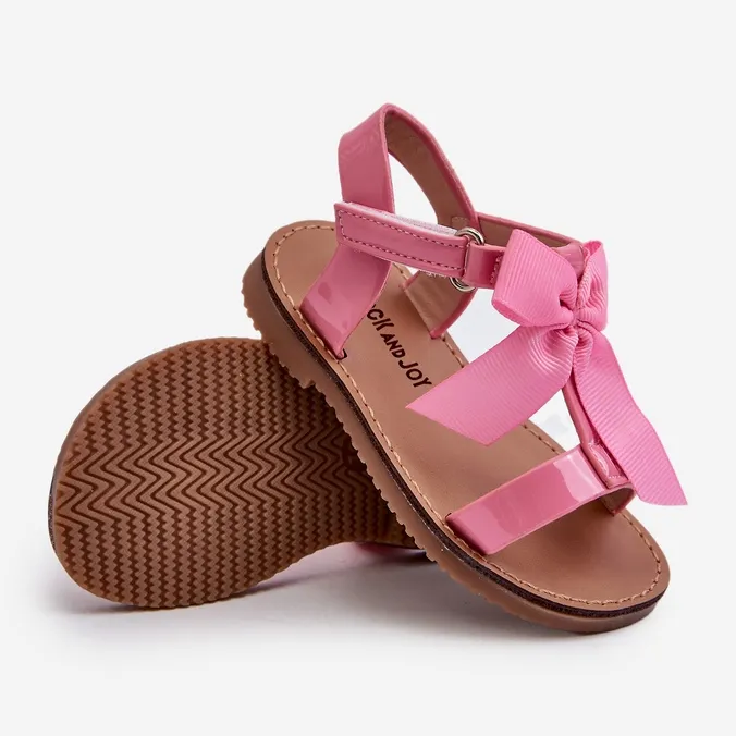 Sandales enfant en cuir verni avec nœud velcro, rose Joratia