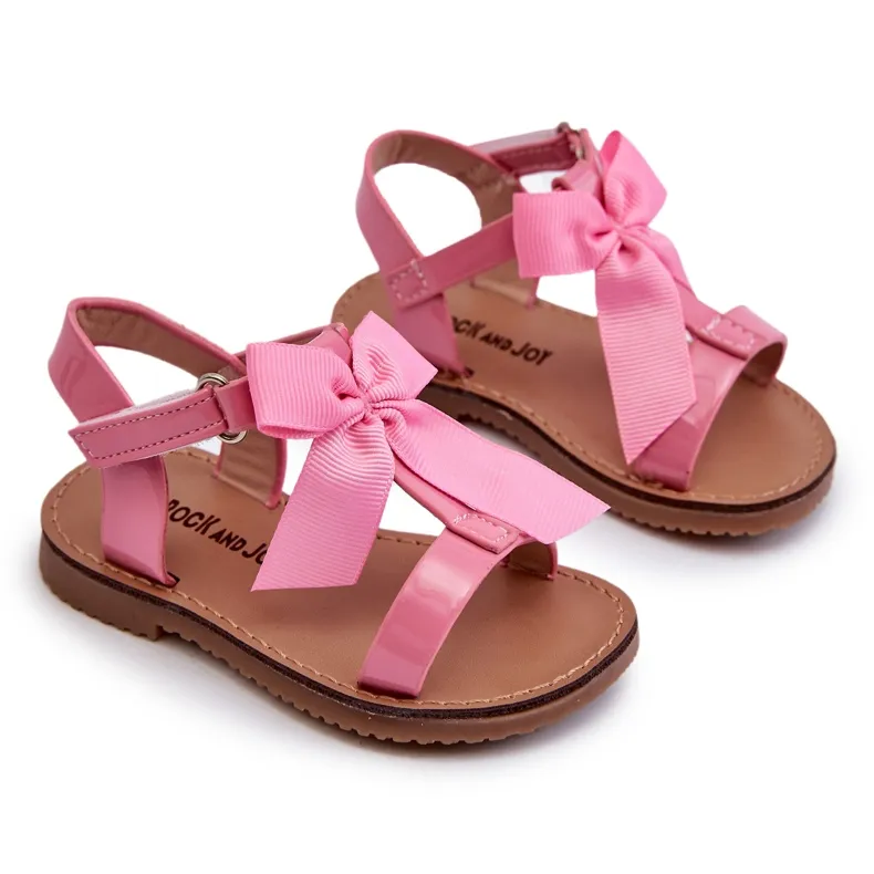 Sandales enfant en cuir verni avec nœud velcro, rose Joratia