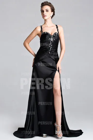 Sexy robe de cérémonie noire longue avec fente cuissarde bretelle fine orné de strass - Robedesoireelongue.fr