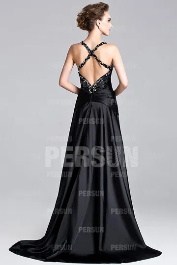 Sexy robe de cérémonie noire longue avec fente cuissarde bretelle fine orné de strass - Robedesoireelongue.fr