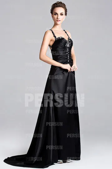 Sexy robe de cérémonie noire longue avec fente cuissarde bretelle fine orné de strass - Robedesoireelongue.fr