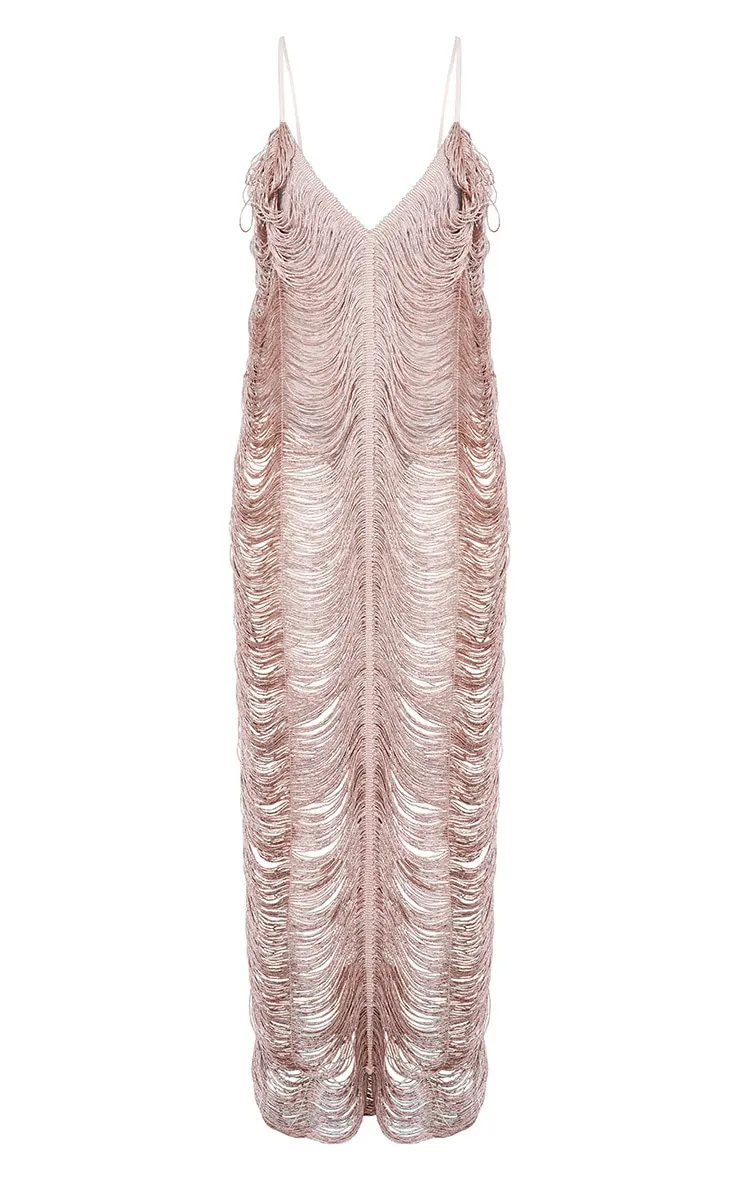 Shape Robe longue rose clair à paillettes détail franges