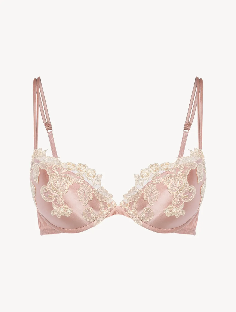 Soutien-gorge push-up en soie rose rehaussée d’une broderie en guipure «frastaglio» ivoire