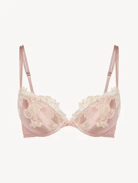 Soutien-gorge push-up en soie rose rehaussée d’une broderie en guipure «frastaglio» ivoire